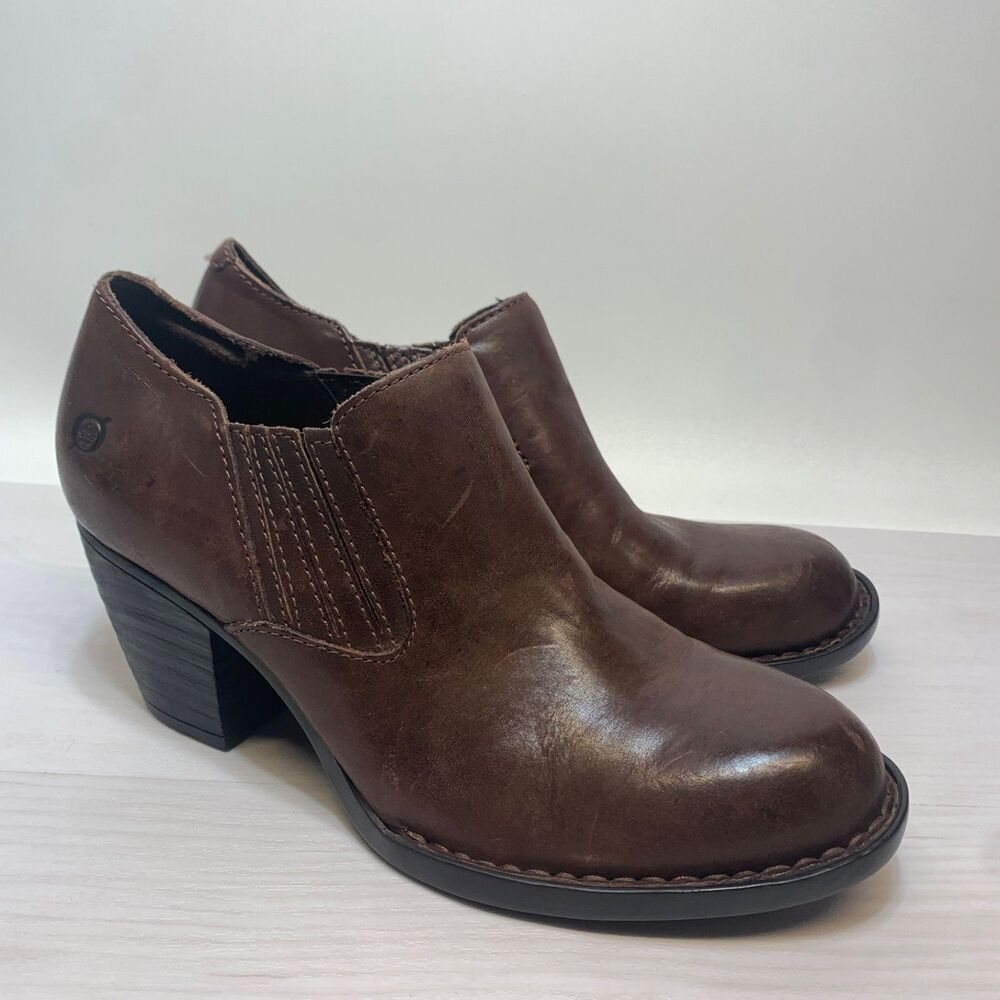 Born Breckin Ankle Pump Marrone Brown Leather Block Heel Opanka Comfy Size 9.5M